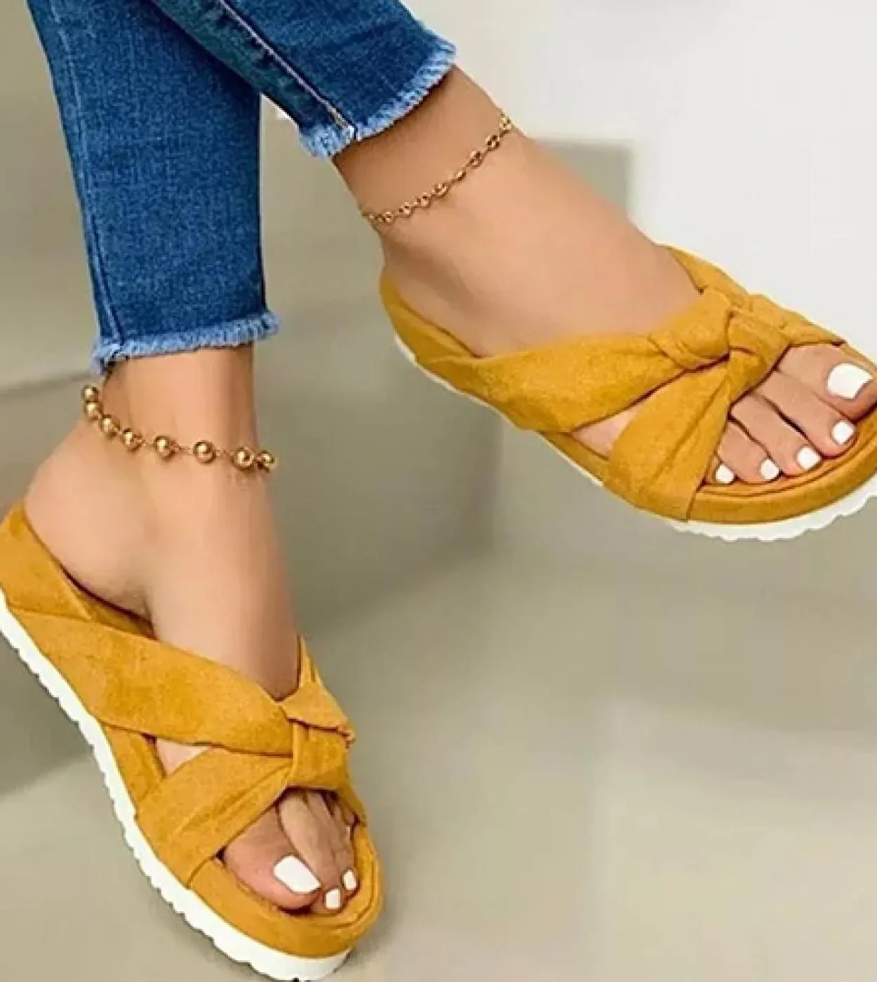 2022 Donne Flock Knot Pantofole Donna Casual Open Toe Slides Ladies Summer Platform Flat Scarpe comode da donna Plus