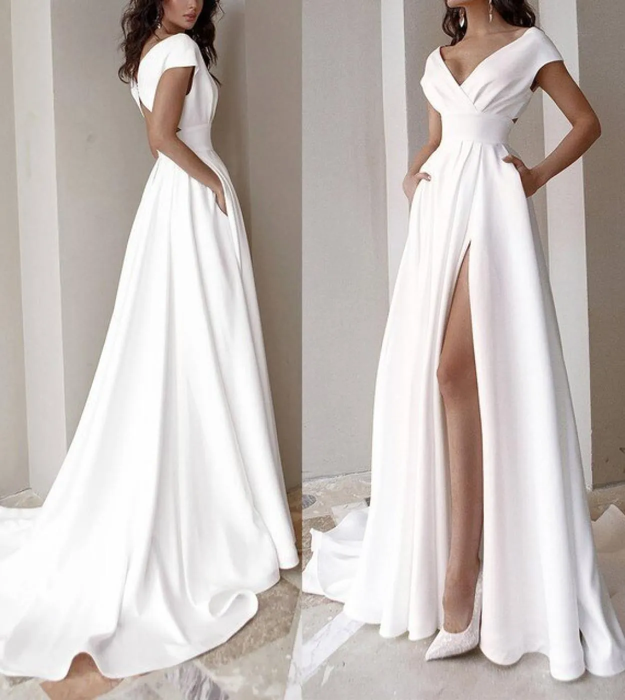 Abito da sposa da donna con scollo a V Abito da sera da sposa semplice bianco solido Abito da sera elegante Abito da sposa con t