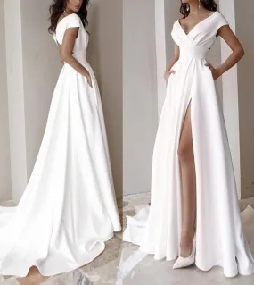 Abito da sposa da donna con scollo a V Abito da sera da sposa semplice bianco solido Abito da sera elegante Abito da sposa con t