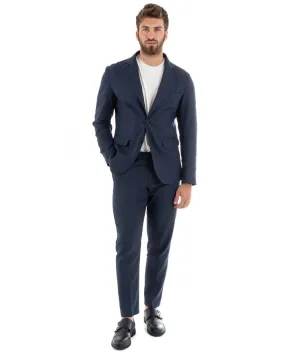 Abito Uomo Monopetto Vestito Lino Completo Giacca Pantaloni Blu Elegante Cerimonia GIOSAL-OU2303A