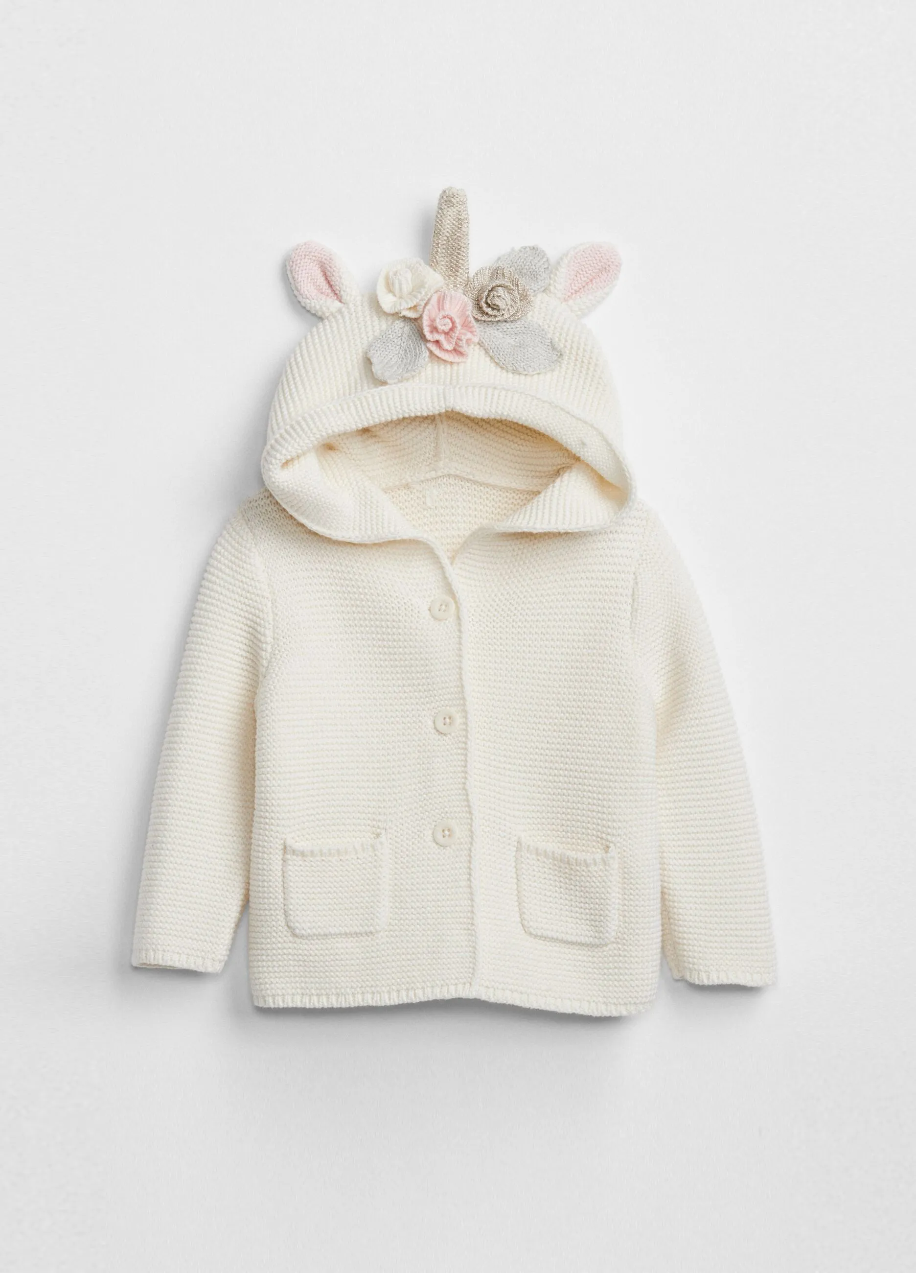 Cardigan tricot con cappuccio unicorno