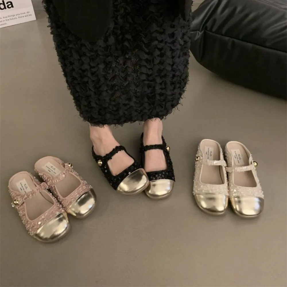 Piccole e profumate pantofole Baotou francesi con paillettes per le donne 2024 Temperamento stile primavera ed estate Mary Jane