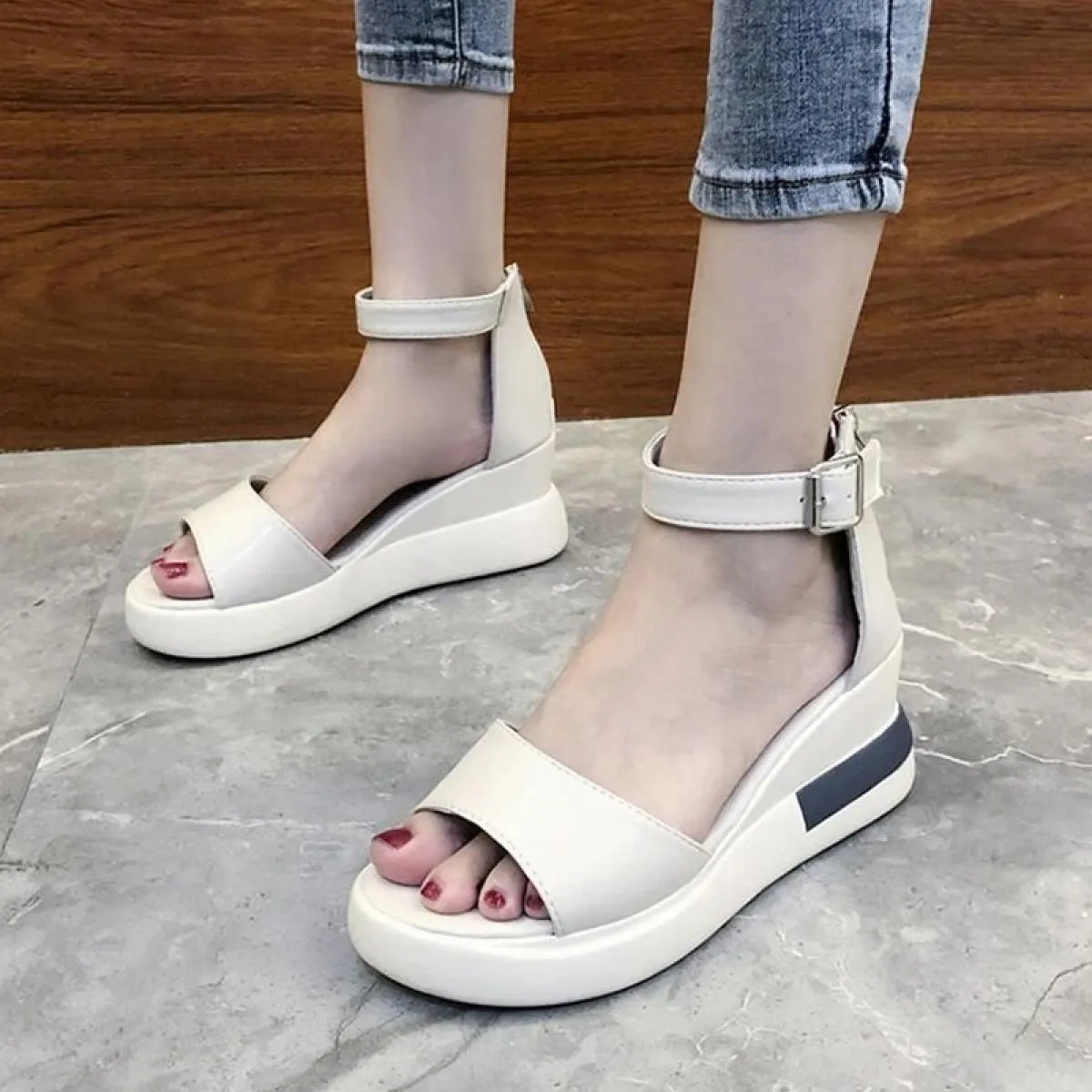 Sandali da donna con zeppa e punta aperta con cerniera scarpe casual da donna antiscivolo tinta unita cinturino con fibbia sanda