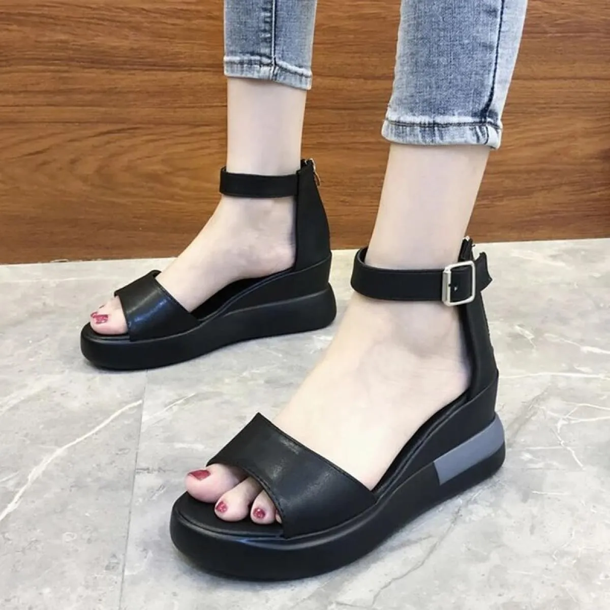 Sandali da donna con zeppa e punta aperta con cerniera scarpe casual da donna antiscivolo tinta unita cinturino con fibbia sanda