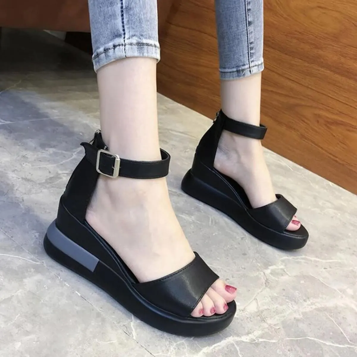 Sandali da donna con zeppa e punta aperta con cerniera scarpe casual da donna antiscivolo tinta unita cinturino con fibbia sanda