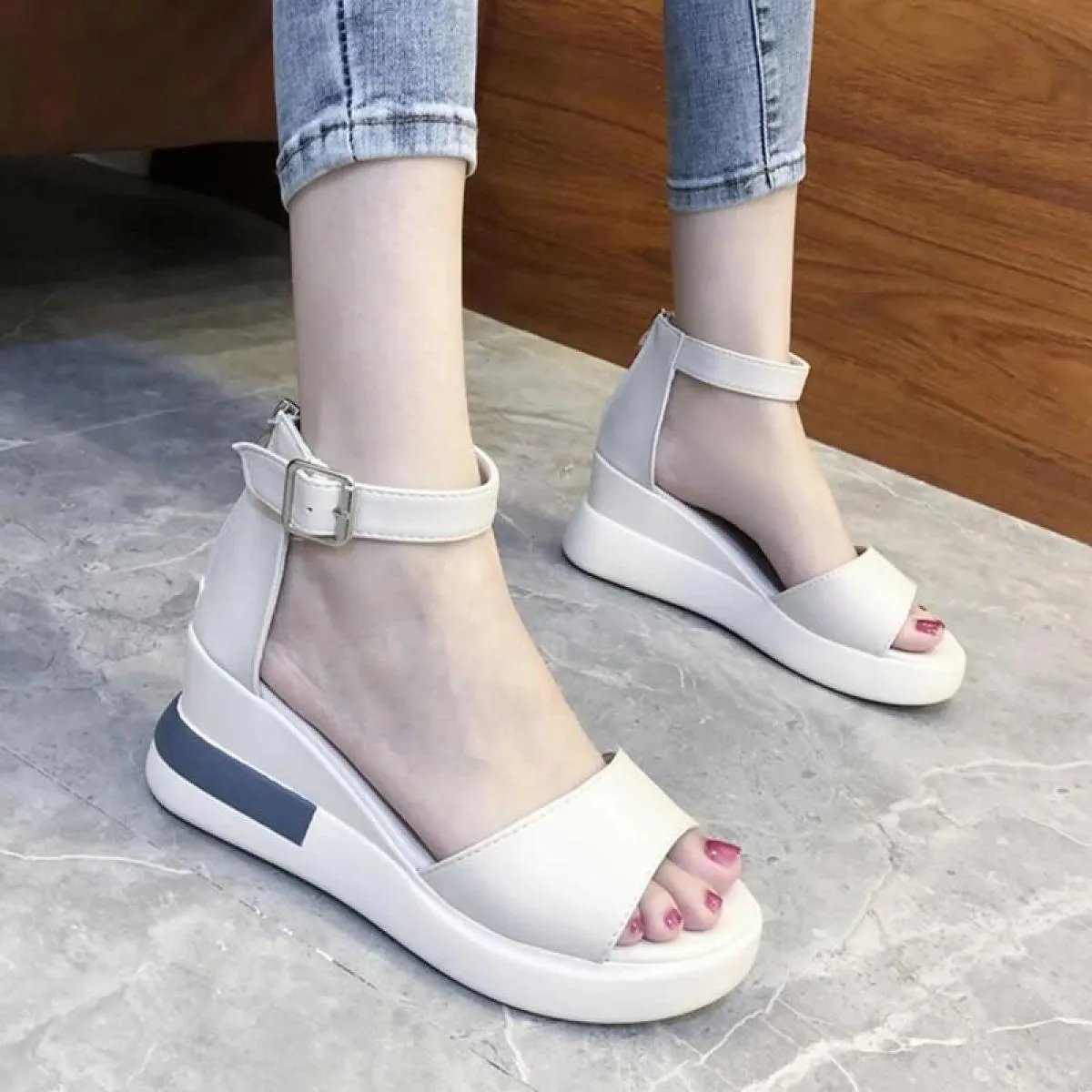 Sandali da donna con zeppa e punta aperta con cerniera scarpe casual da donna antiscivolo tinta unita cinturino con fibbia sanda