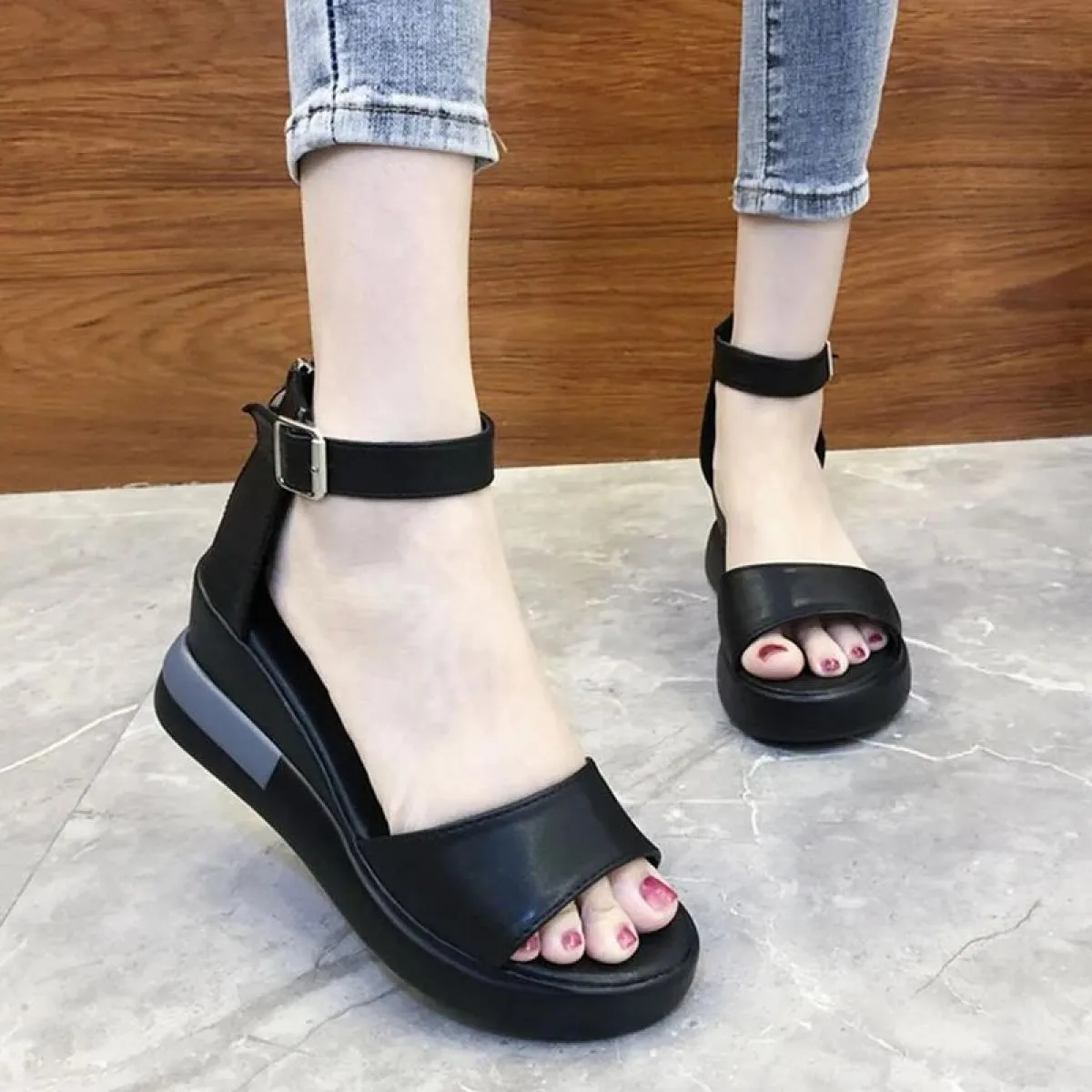 Sandali da donna con zeppa e punta aperta con cerniera scarpe casual da donna antiscivolo tinta unita cinturino con fibbia sanda