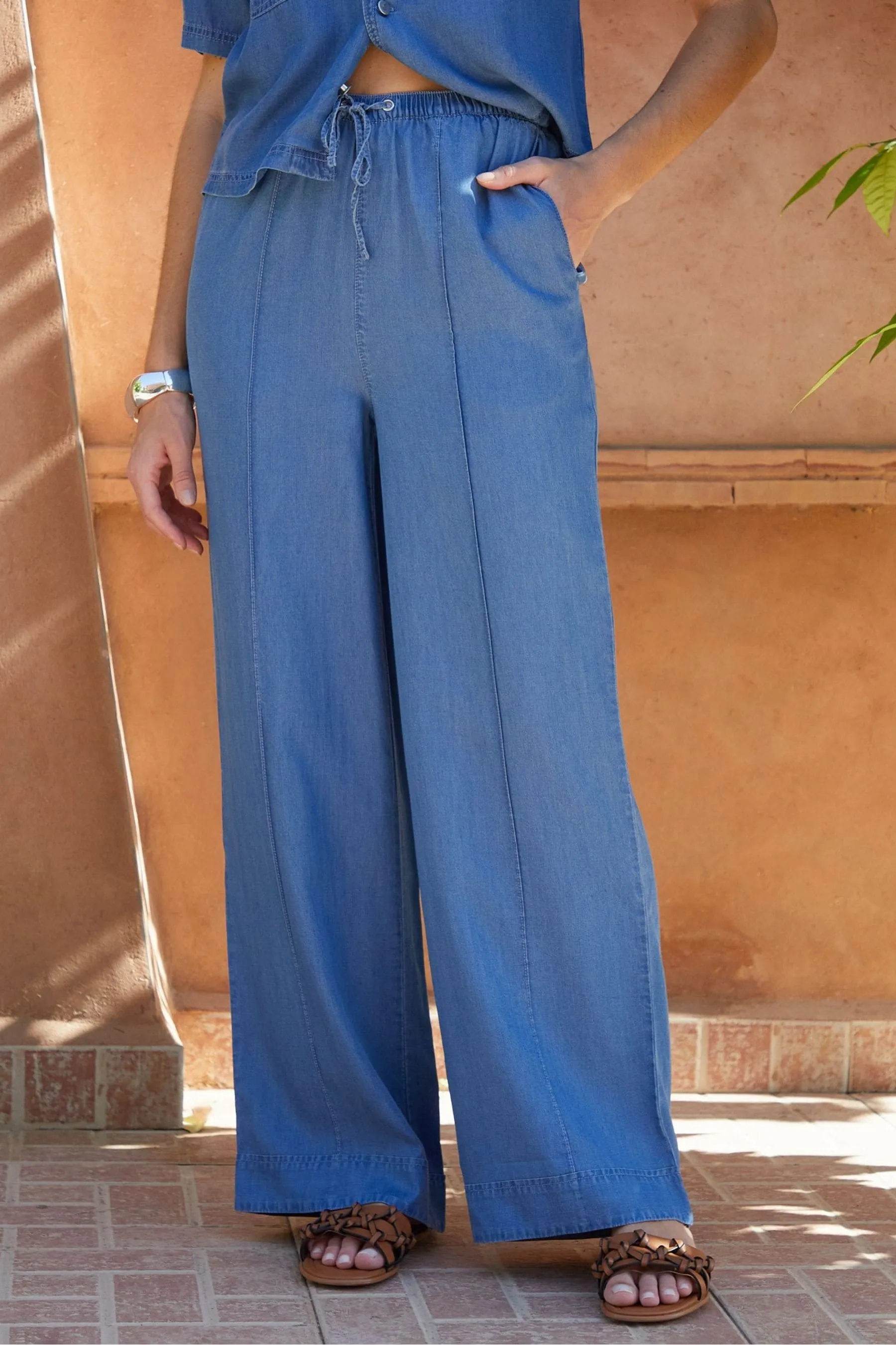 Threadbare - Pantaloni ampia in chambray con vita elasticizzata