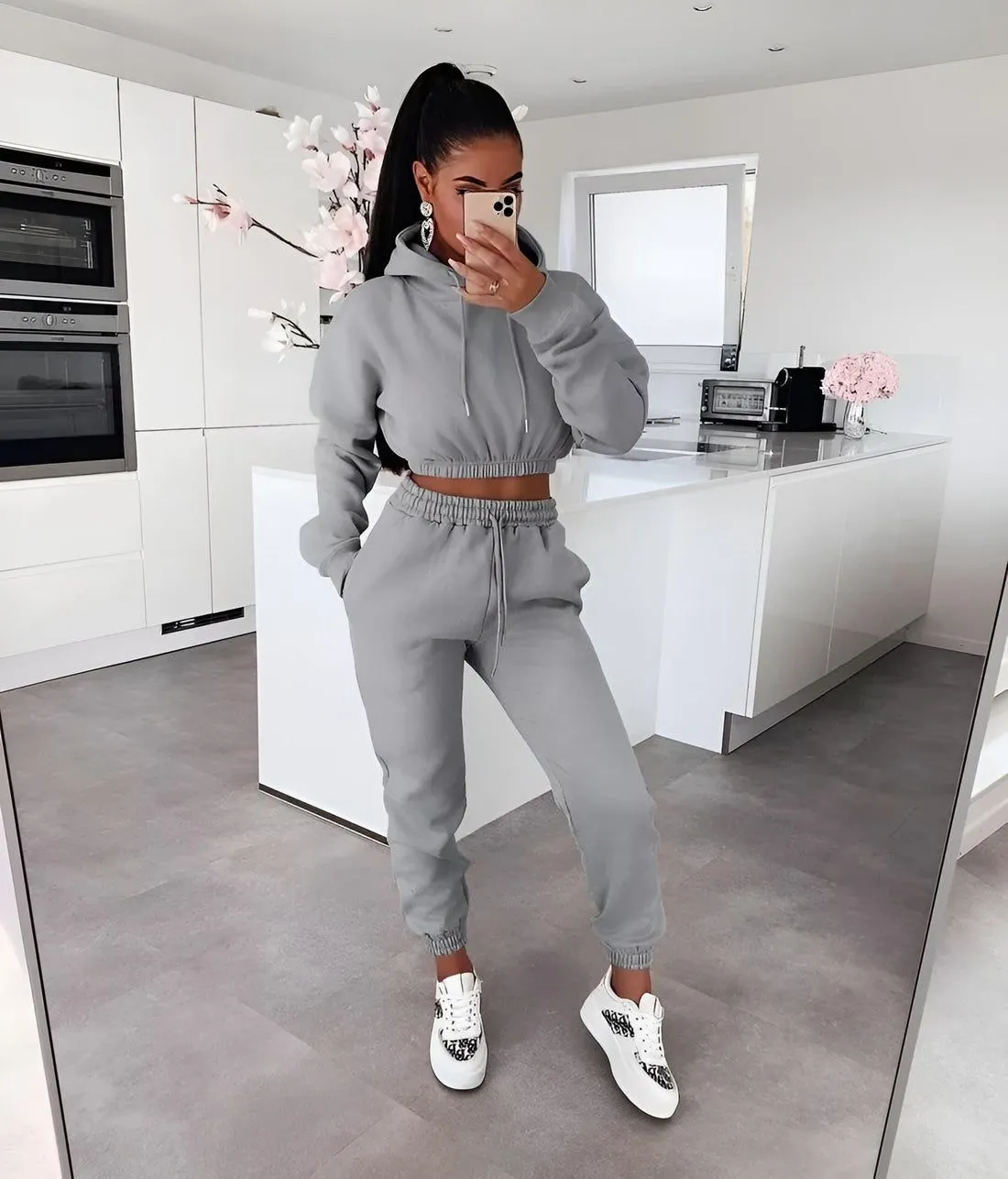 Tuta Donna Completo Felpa Corta Cappuccio Pantalone Coulisse Elastico Casual
